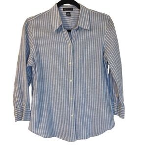 Blue White Striped Linen Cotton Button Down Shirt 3/4 Sleeve M Nautical Sailor